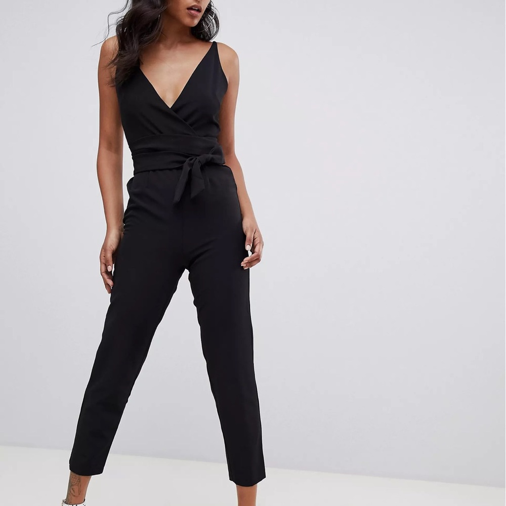 Black Wrap-Front Straight Leg Jumpsuit